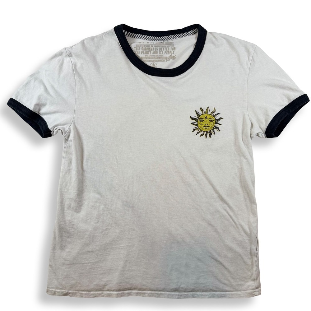 Volcom Womens White Sun Graphic Ringer T-Shirt Organic Cotton B3512106 Small